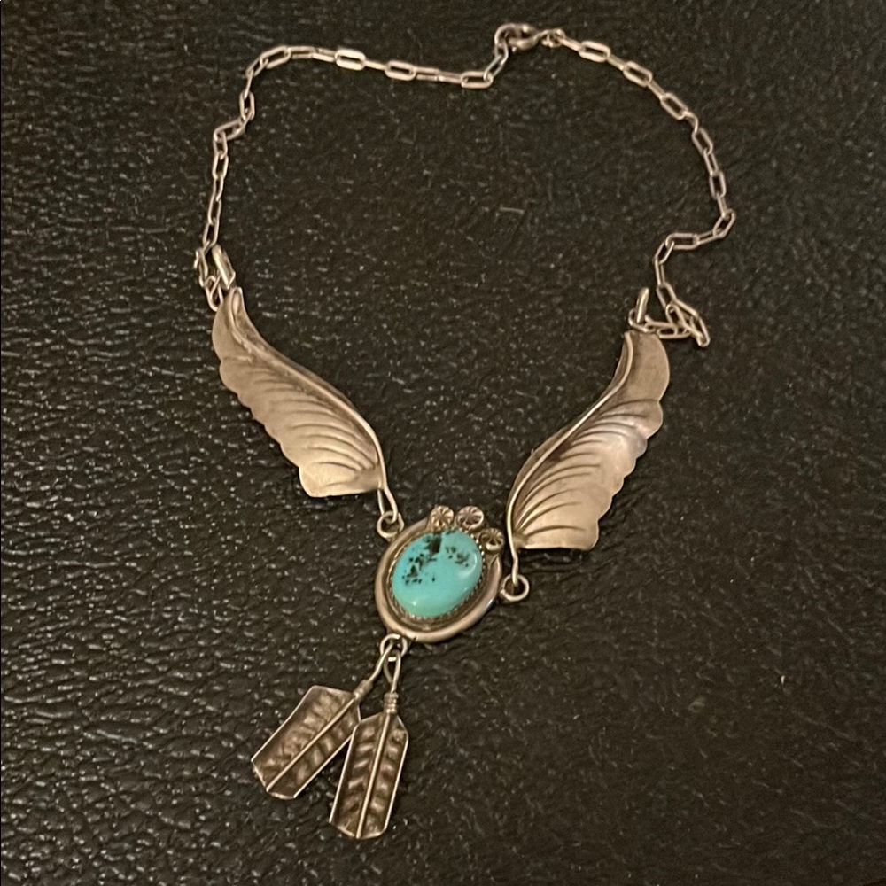 Vintage Native American Silver and Turquoise feather Necklace